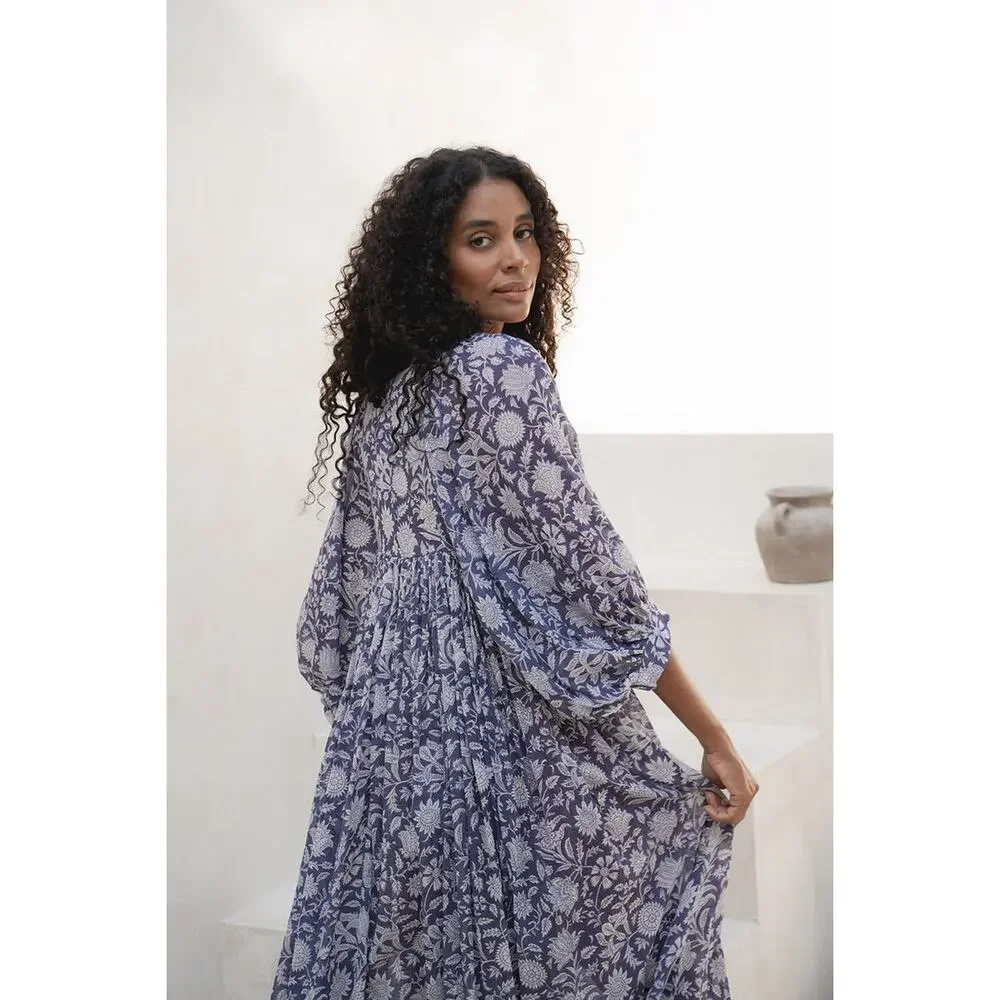 Daughters Of India Kyra Blue Iris Floral Long Peasant Sleeve Midi Dress Size 3XL